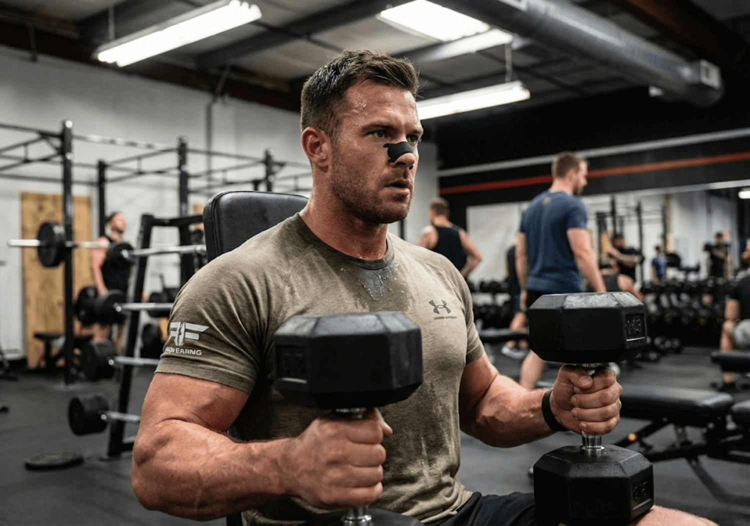 Спортист тренира с Airways черни лепенки за нос — за по-добро носово дишане, повече издръжливост и по-бързо възстановяване при силови тренировки