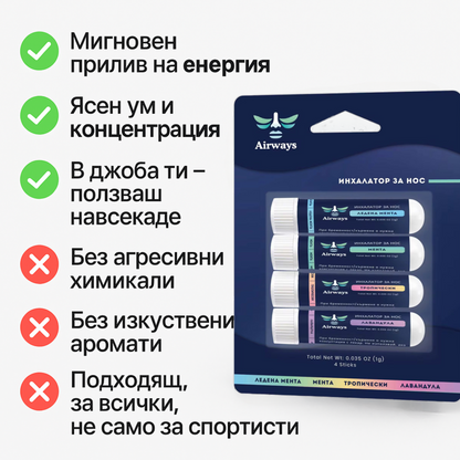 Airways инхалатор за нос 4 аромата - мигновен прилив на енергия, концентрация и отпушване на носа без химикали