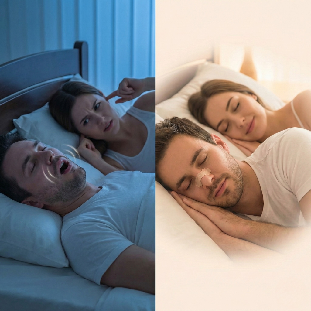 Преди и след Airways лепенки за нос — край на хъркането, по-добро носово дишане и по-качествен сън за двойката